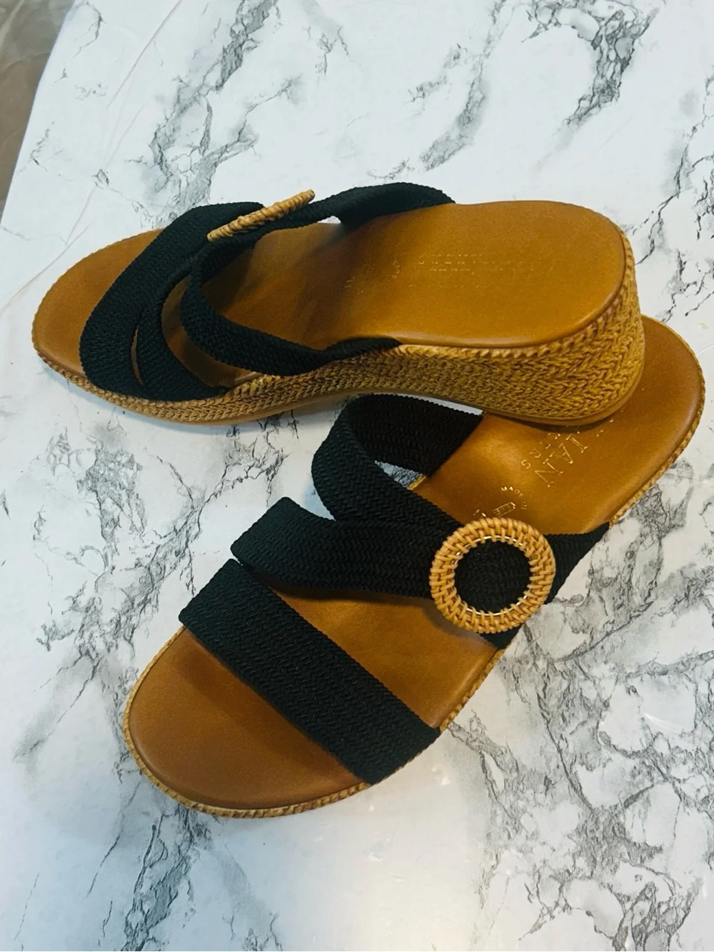 Italian Shoemakers Black and Tan Wedge Sandals with Rattan Accent